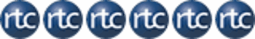 Sechs runde blaue Kreise mit weißer Inschrift "RTC" als Symbol für sechs Sterne